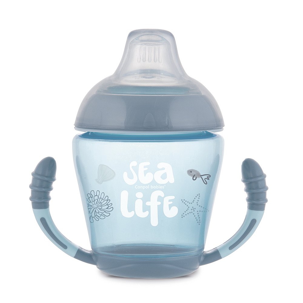 CANPOL BABIES Nevylévací hrníček se silikonovým pítkem SEA LIFE šedý 230 ml