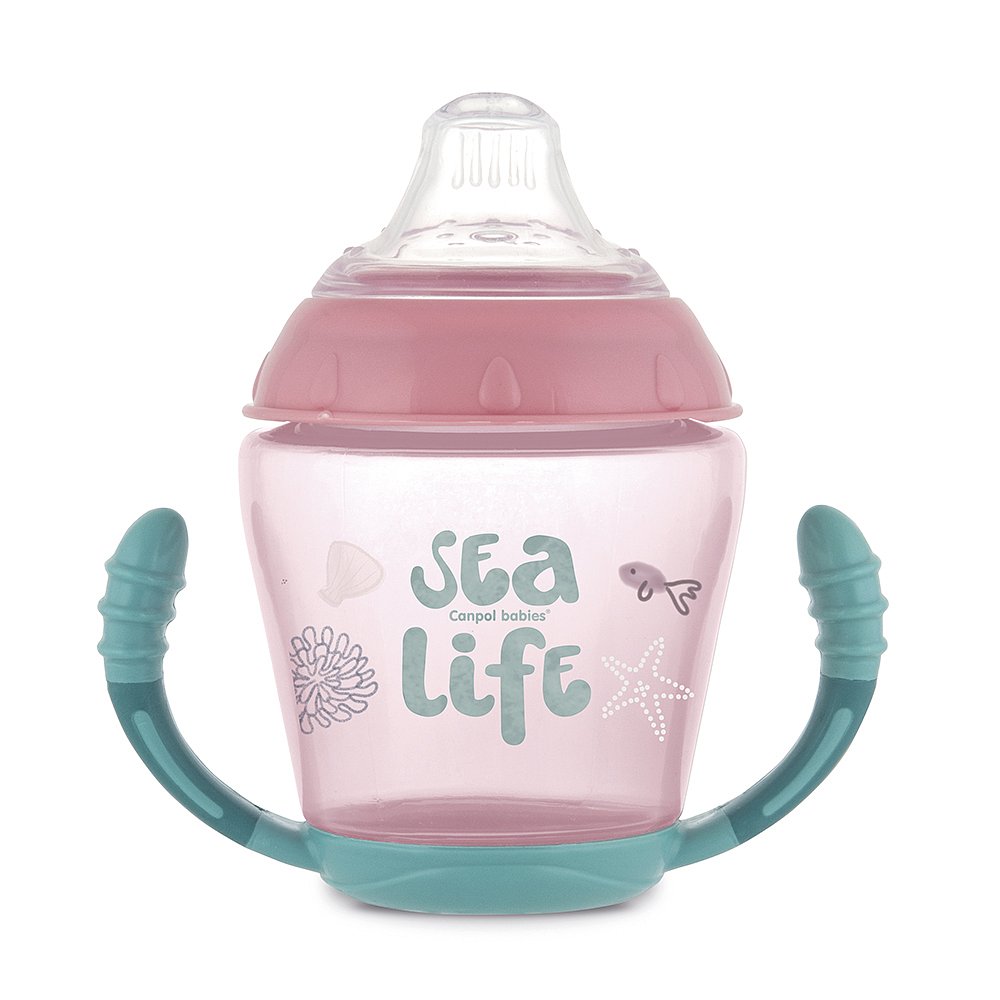 CANPOL BABIES Nevylévací hrníček se silikonovým pítkem SEA LIFE růžový 230 ml