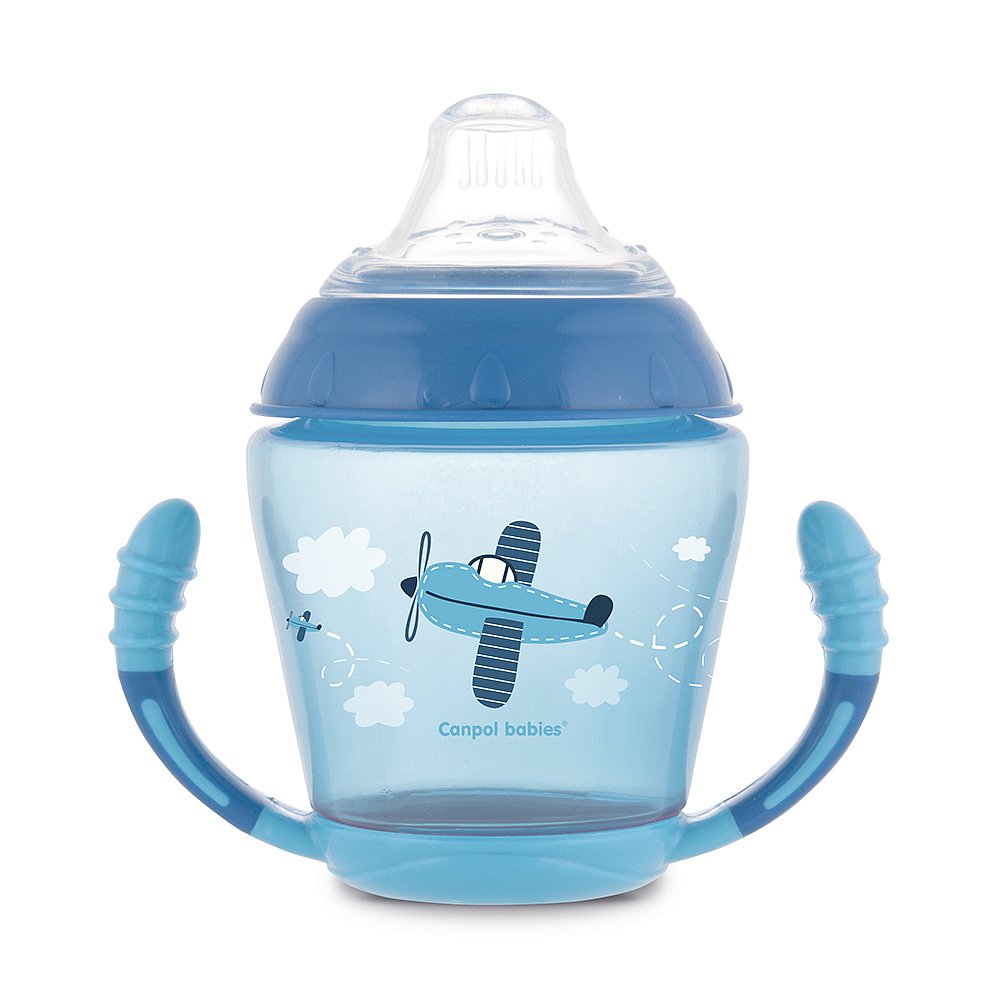 CANPOL BABIES Nevylévací hrníček se silikonovým pítkem TOYS modrý 230 ml