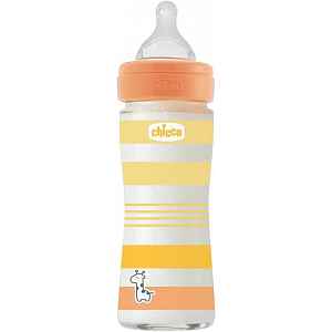 Chicco skleněná kojenecká láhev Well being silikon uni 6x6x21 oranžová 240 ml