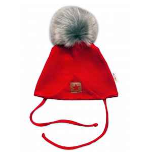 Baby Nellys Zimní,podzimní bavlněná dvouvrstvá čepice s bambulí Star, červená