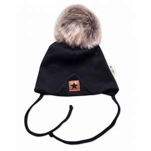 Baby Nellys Zimní,podzimní bavlněná dvouvrstvá čepice s bambulí Star, černá