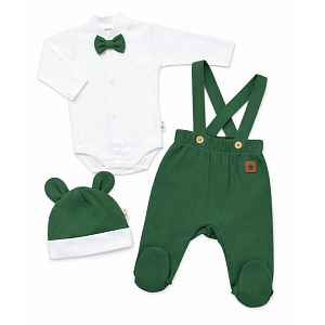 Baby Nellys Bavlněná souprava Gentleman 3D, body, polodupačky s láclem, čepička, tm. zelená
