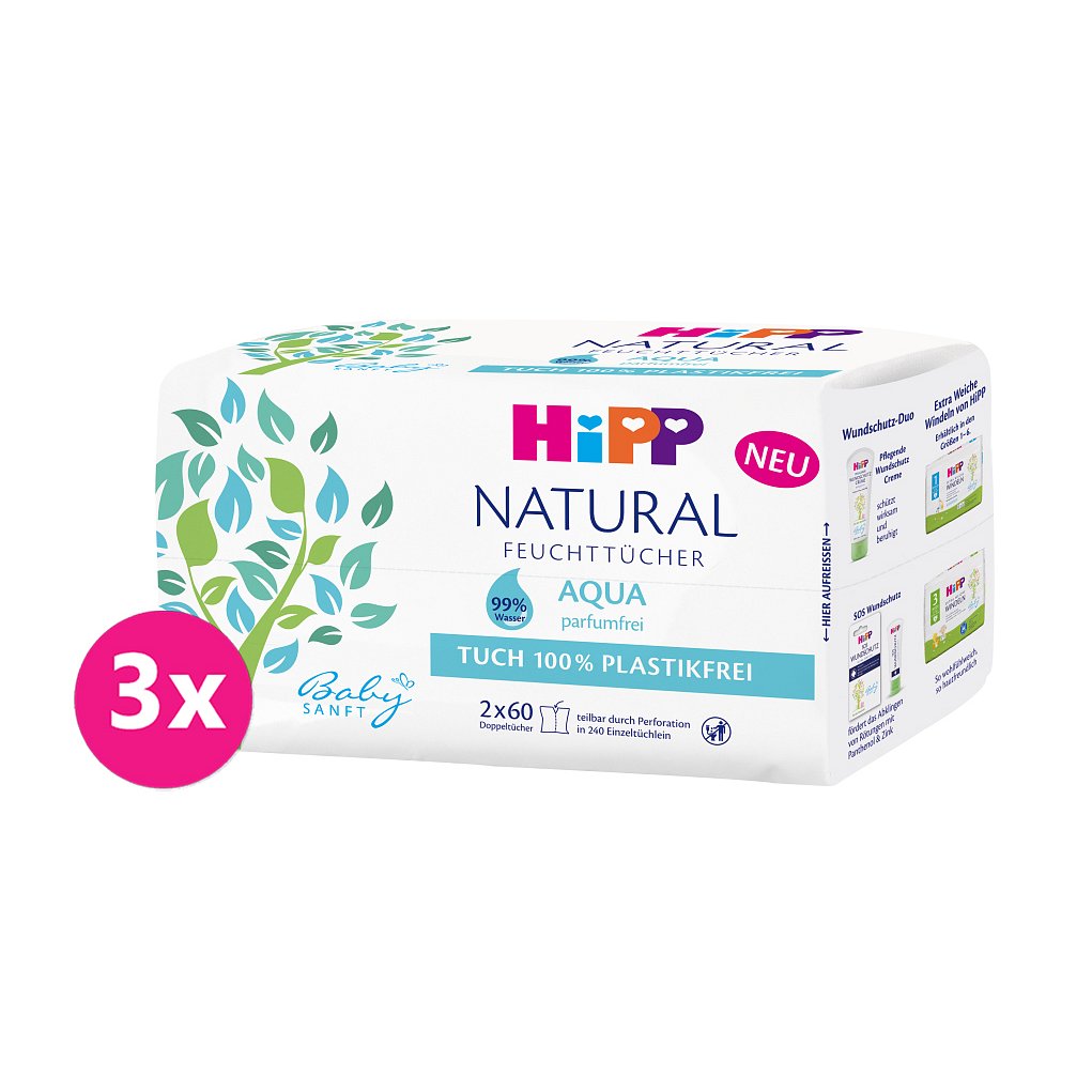 3x HIPP Babysanft Čistící vlhčené ubrousky Aqua Natural 2x60 ks