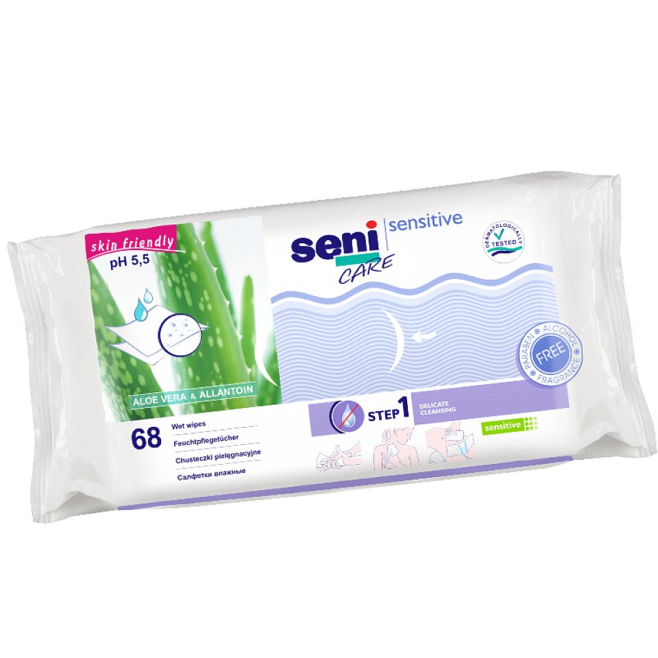 Seni Care Vlhčené ubrousky Sensitive 68 ks - II.jakost
