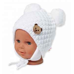 Baby Nellys Zimní pletená čepice Teddy Bear na zavazování, bílá/smetanová, 68/80, (6-12m),