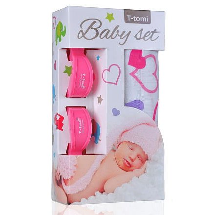 Baby set - bambusová osuška srdíčka+ kočárkový kolíček růžový