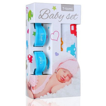 Baby set - bambusová osuška auta + kočárkový kolíček modrý