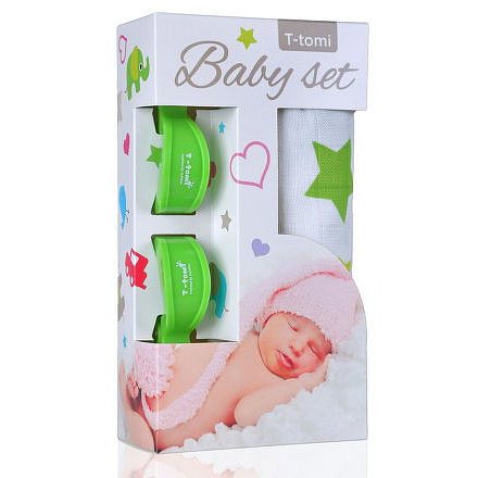 Baby set - bambusová osuška zelené hvězdičky + kočárkový kolíček zelený