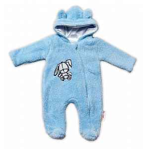 Baby Nellys Chlupáčkový overálek s kapucí, Cute Bunny - modrý vel.  62