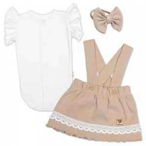 Baby Nellys 3D sada LADY, bavlna, body kr. rukáv, suknička s láclem, čelenka, béžová/bílá