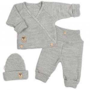 Baby Nellys Rostoucí pletený zavinovací svetřík, kalhoty a čepice, 3D - šedá, vel. 68/74