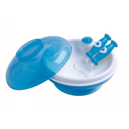 dBb Ohřívací talíř s víkem a lžící s vidličkou, modrobílý