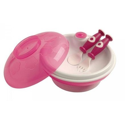 dBb Ohřívací talíř s víkem a lžící s vidličkou, růžovobílý
