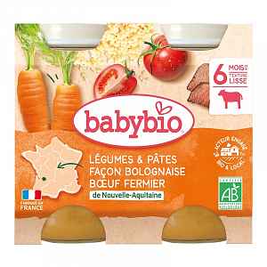 BABYBIO Denní menu Zelenina s těstovinami na boloňský způsob s farmářským hovězím masem 2x200 g