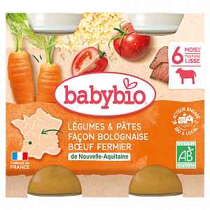 BABYBIO Denní menu Zelenina s těstovinami na boloňský způsob s farmářským hovězím masem 2x200 g