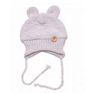 Baby Nellys Pletená čepice s oušky na zavazování Made with Love, béžový melírek, vel. 80/86