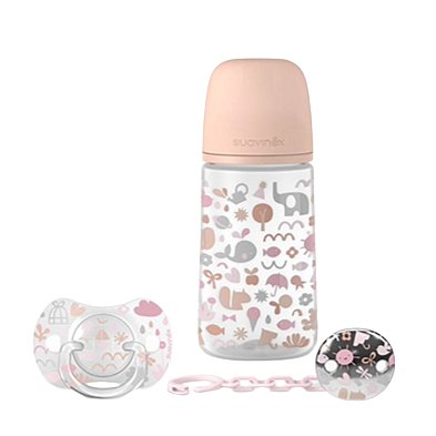 Suavinex sada 270ml + dudlík fyziologický 0-6m + klip memories růžový 3ks
