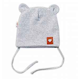 Baby Nellys Bavlněná dvouvrstvá čepice s oušky na zavazování TEDDY - šedý melírek, 68/74