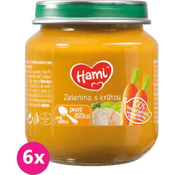 6x HAMI Zelenina s krůtím masem 125 g - maso-zeleninový příkrm