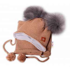 Baby Nellys Zimní čepice s fleecem a chlupáčkové bambulky Star + komínek - medová,