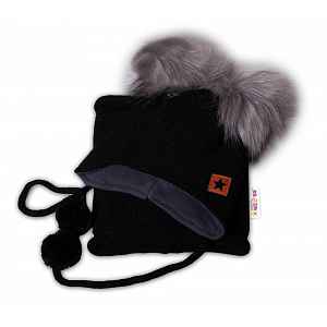 Baby Nellys Zimní čepice s fleecem a chlupáčkové bambulky Star + komínek - černá,