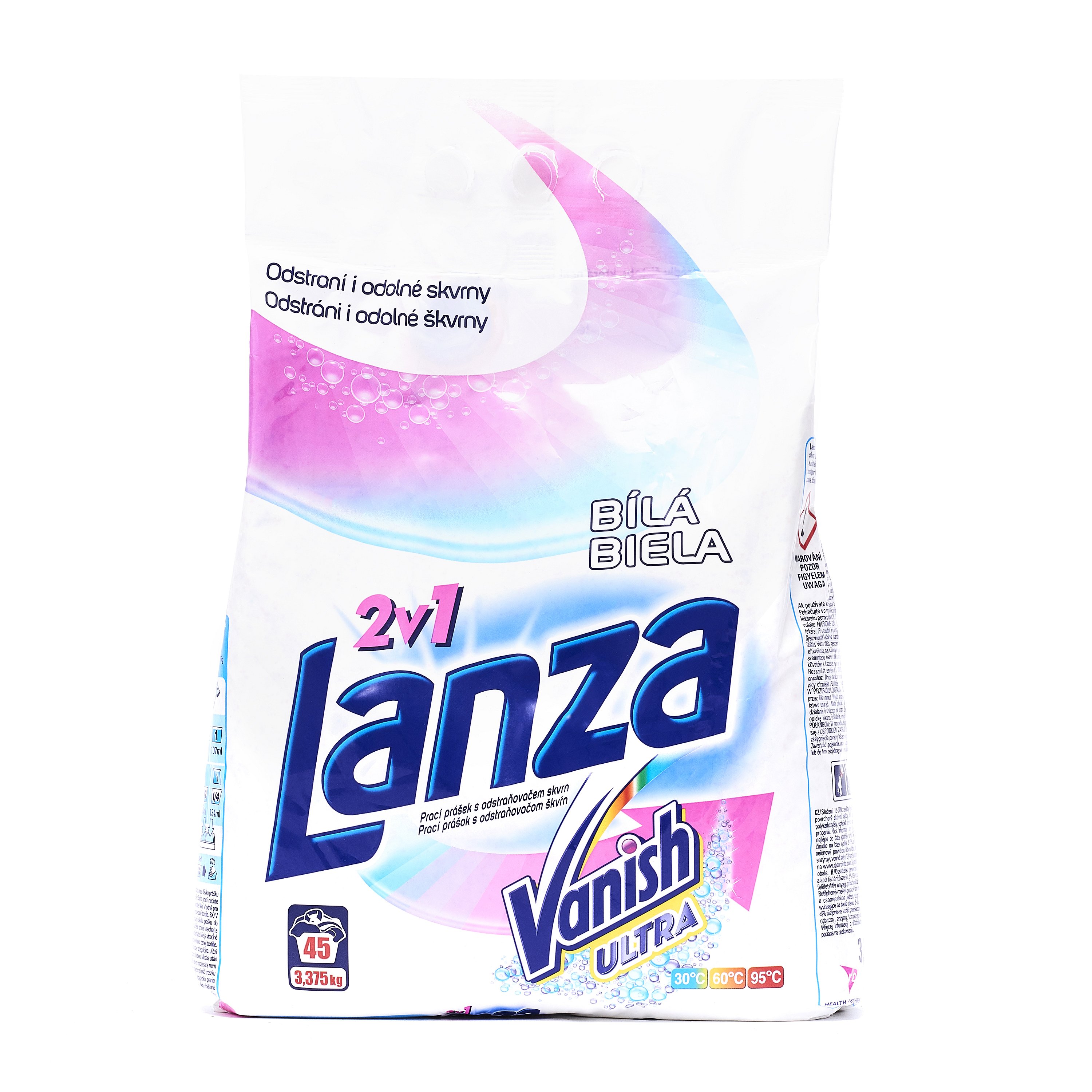 LANZA Vanish 2v1 na bílé prádlo 3,375 kg (45 praní) – prací prášek