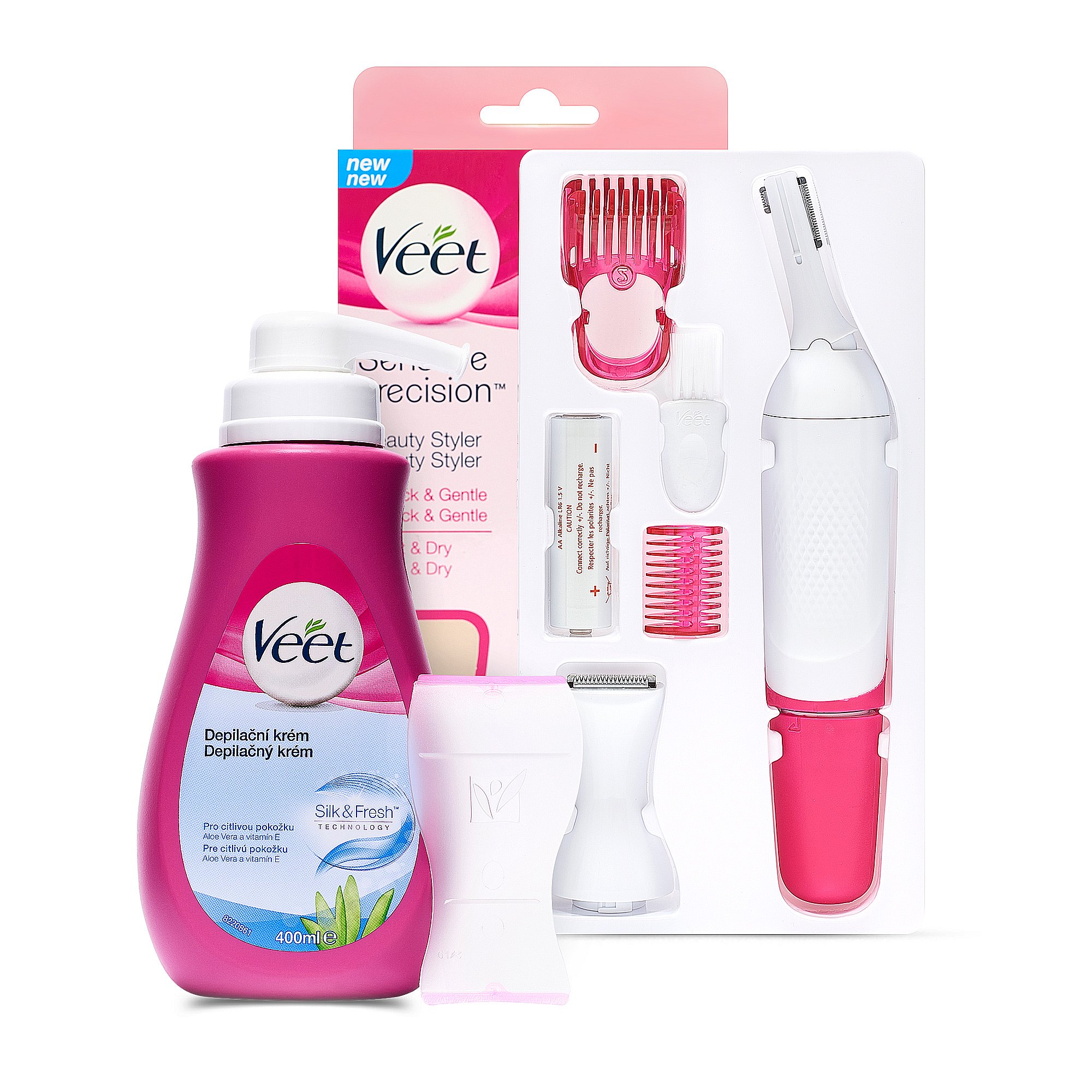 VEET Beauty set - Veet Sensitive Precision elektrický zastřihovač + Silk & Fresh depilační krém pro citlivou pokožku 100 ml dárková sada