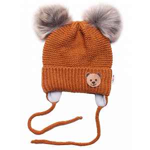 Baby Nellys Dětská zimní čepice s fleecem Teddy Bear - chlupáčk. bambulky - hnědá, šedá,