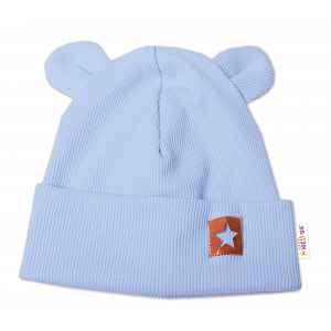Baby Nellys Žebrovaná dvouvrstvá čepice s oušky TEDDY - sv. modrá vel.  68/74