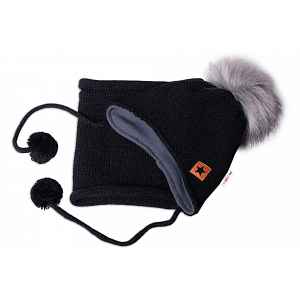 Baby Nellys Zimní čepice s fleecem a chlupáčková bambule Star + komínek - černá,