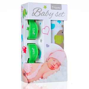 T-TOMI Baby set - bambusová osuška + kočárkový kolíček, zelená/sloni