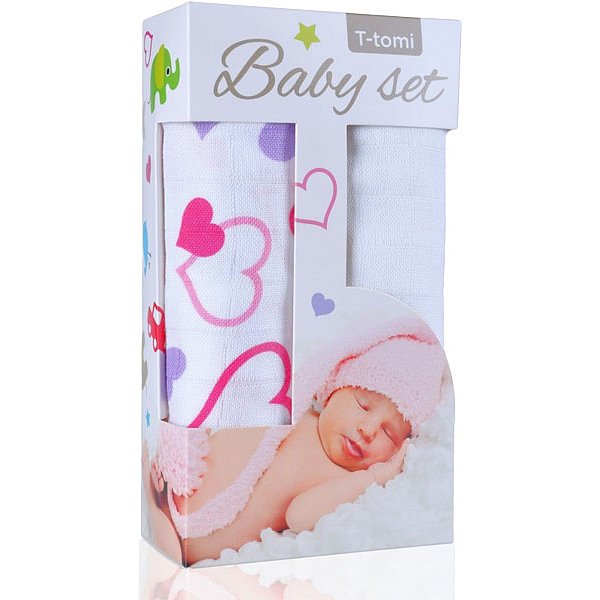 T-TOMI Baby set - bambusová osuška srdíčka + bambusová osuška bílá