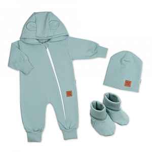 Baby Nellys Rostoucí teplákový overal, čepice, botky, 3D, Nature - ledově mátový, 56/62