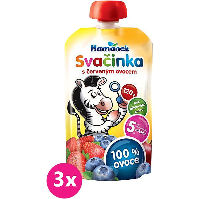 3x HAMÁNEK Svačinka 100% ovoce s červeným ovocem, (120 g) - ovocný příkrm