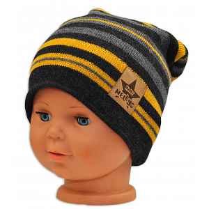 Baby Nellys Podzimní/zimní proužkovaná čepice - grafit/šedá/žlutá