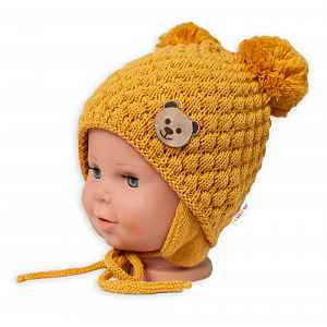 Baby Nellys Zimní pletená čepice Teddy Bear na zavazování, hořčicová, 68/80, (6-12m),