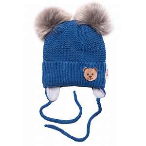 Baby Nellys Dětská zimní čepice s fleecem Teddy Bear- chlupáčk. bambulky - tm. modrá, šedá
