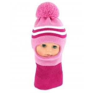 Baby Nellys Zimní čepička/kukla s bambuli - růžová s proužky