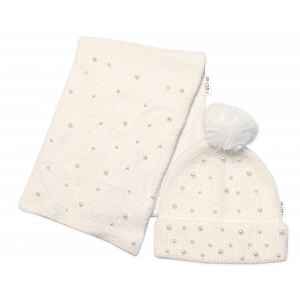 Baby Nellys Zimní čepice s bambulí + šál, Pearls, smetanová vel.  54/58