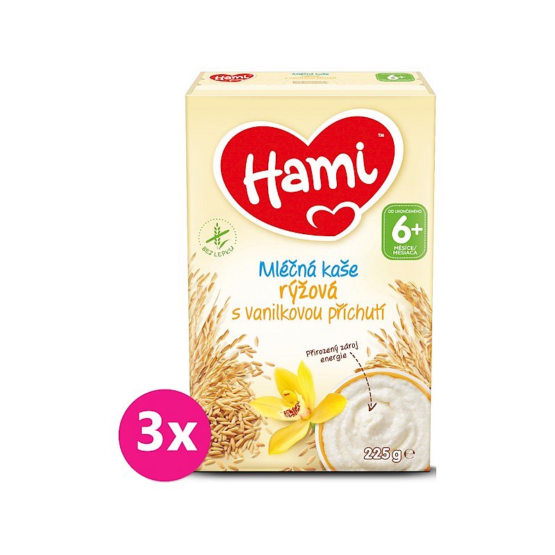 3x HAMI Mléčná kaše rýžová s vanilkovou příchutí 225 g