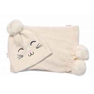 Baby Nellys Zimní čepice s bambulí + šál, Kitty, smetanová vel.  54/58
