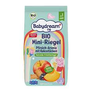 Babydream Bio mini tyčinky s broskví, aronií a kousky sušenek Peppa Pig 100 g