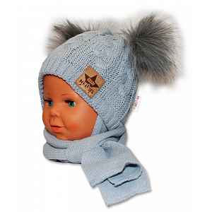 Baby Nellys Zimní čepička s šálou - chlupáčkové bambulky - šedá, šedé bambulky