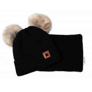 Baby Nellys Zimní čepice s kožešinovými bambulemi + šál Star - černá, 6/24 měsíců