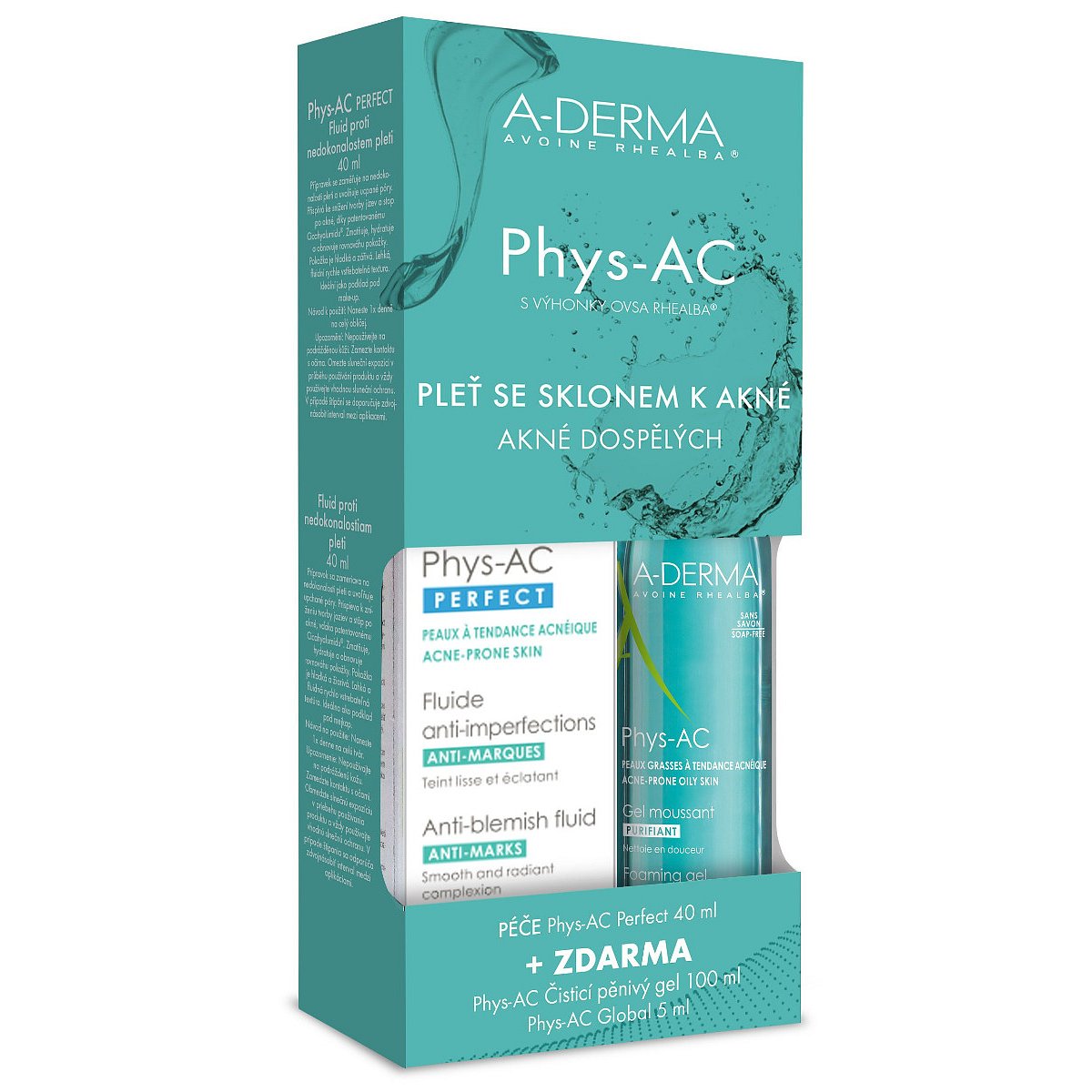A-Derma Phys-AC Perfect 40 ml + Čisticí gel 100 ml + vzorek gel 5 ml