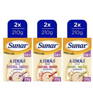 SUNAR Kaše mléčná 8 cereálií mix příchutí, 6m+, 6x210g