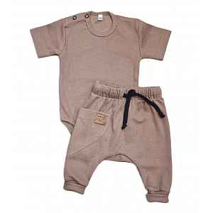 Kazum Žebrovaná souprava body kr. rukáv + tepláčky Magic, bavlna, čokoládová, vel. 80 vel.  80