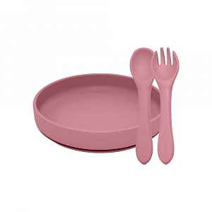 Petite&Mars Set jídelní silikonový TAKE&MATCH 2 ks talíř + příbor Dusty Rose 6m+