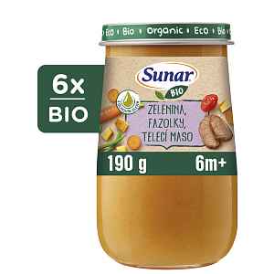 SUNAR BIO Příkrm zelenina, fazolky, telecí maso, oliv. olej 6m+, 6x190g